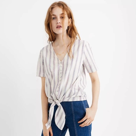 Madewell | Agency Tie-Front Button Top in Sarasota Stripe Medium - Picture 1 of 10